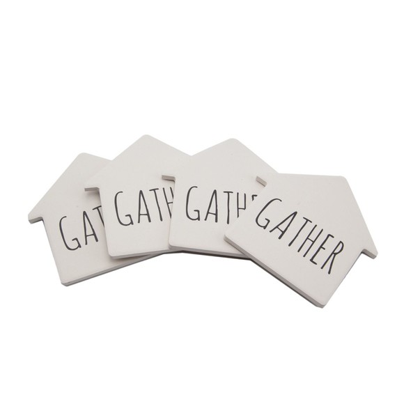 Celebrate Decorative Coaster Set House Shape Gather White Stoneware Coasters 4pc - Picture 2 of 5